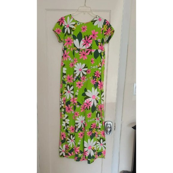 Vtg 70s The Sample Shop Hawaiian Barkcloth Maxi Dress Vibrant Green Pink Retro - Picture 2 of 6